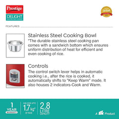 Prestige Delight Cute 2.8 SS Bowl Electric Rice Cooker