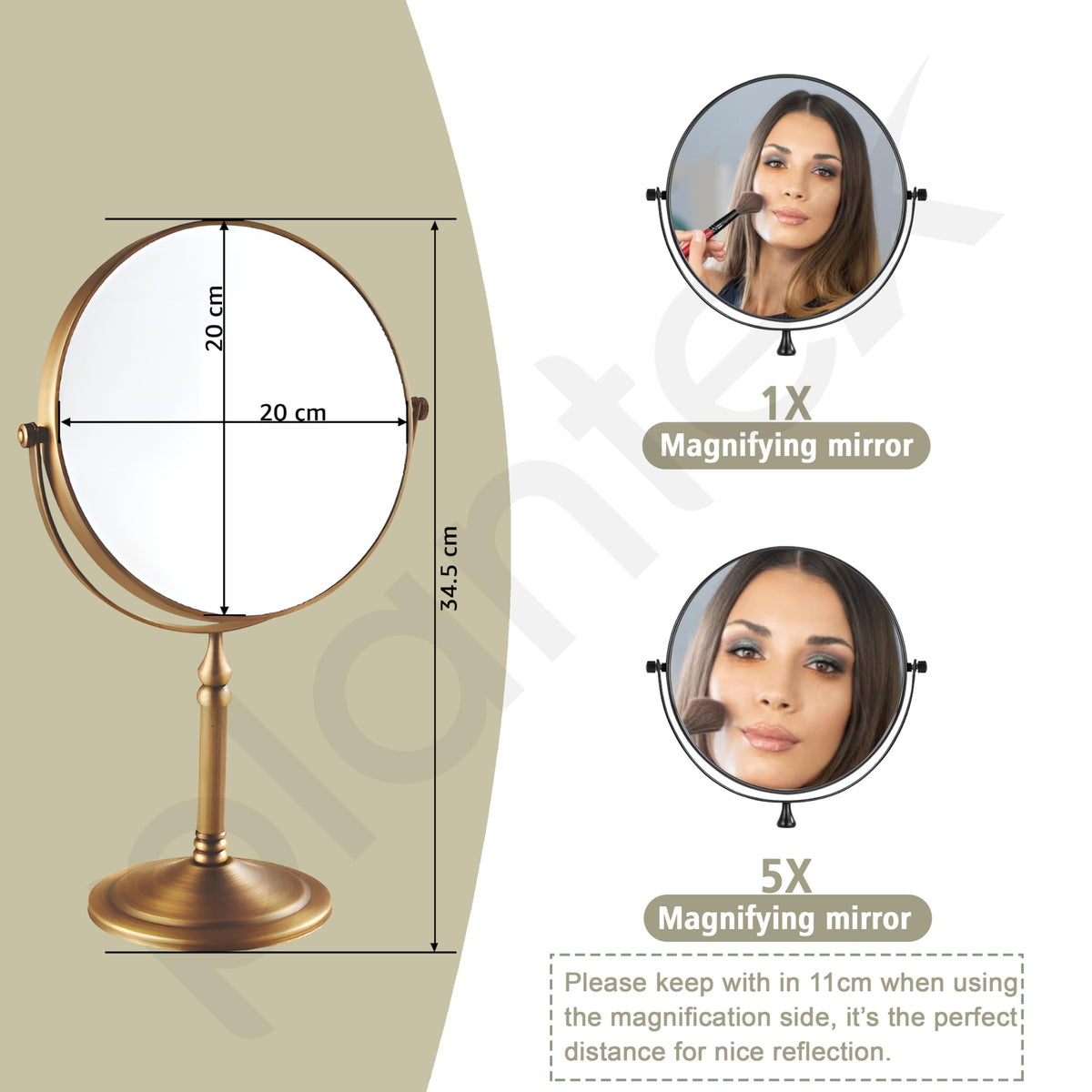 Plantex Premium Brass Magnifying Mirror/Dual Side Makeup Mirror with Stand/Shaving Mirror for Bathroom with 5x/1x Magnification (8 Inch-Brass Antique/Tabletop)-2