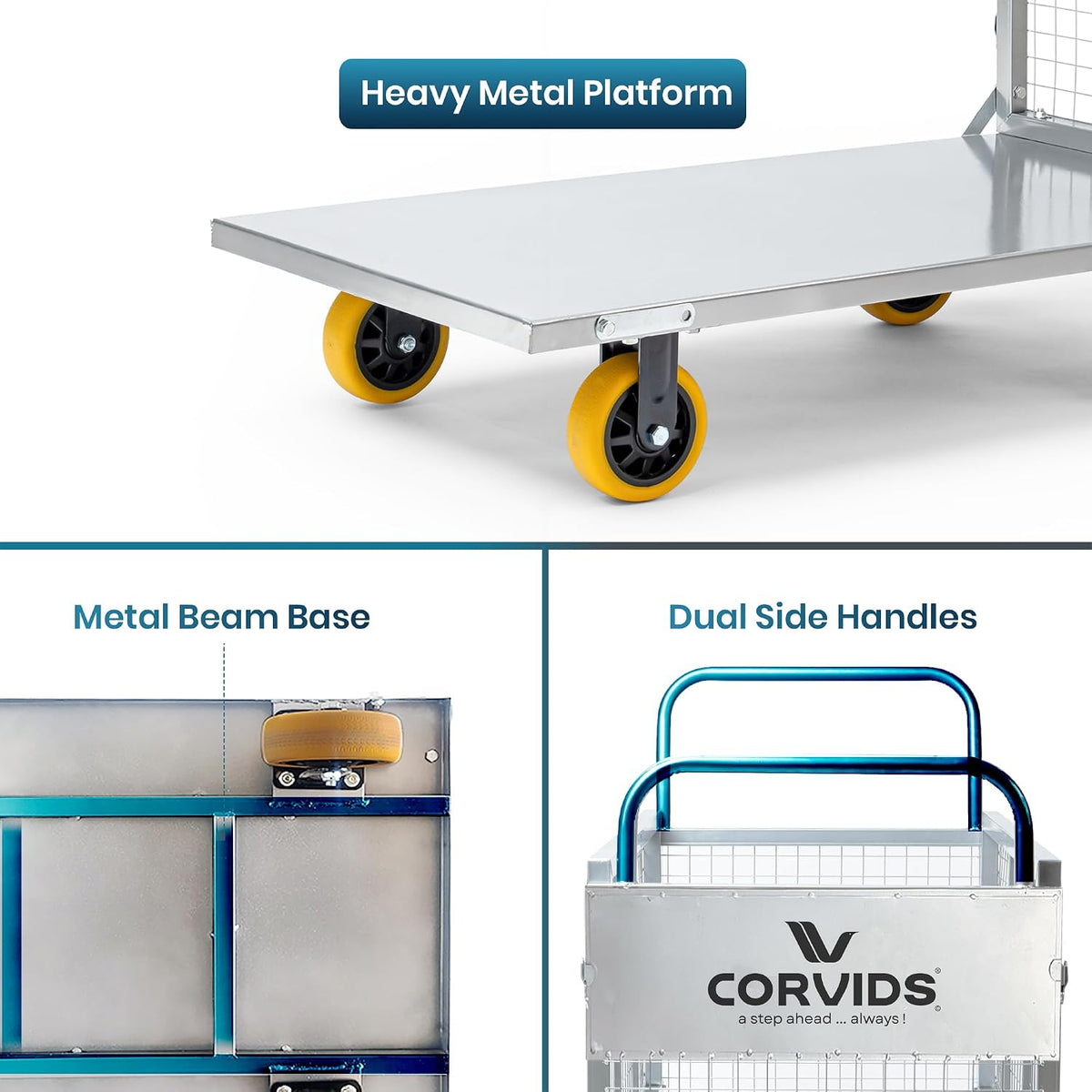 Corvids 200 Kg Heavy-Duty Mild Steel Cage Platform Trolley | 2-Year Warranty | 6-Inch TPR Wheels, Dual Handles | Industrial Material Handling Cart for Warehouse, Factory, Store, Hotel & Home