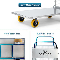 Corvids 200 Kg Heavy-Duty Mild Steel Cage Platform Trolley | 2-Year Warranty | 6-Inch TPR Wheels, Dual Handles | Industrial Material Handling Cart for Warehouse, Factory, Store, Hotel & Home