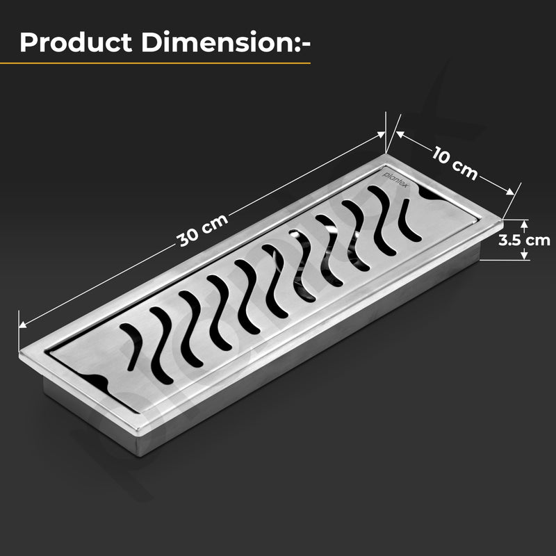 Plantex 304 Grade Stainless Steel Shower Water Drain Channel/12x4 Inch Floor Drain/Drainage Cover/Floor Drain Cover with Removable Grate - (Wave, Chrome)-3