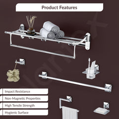 Plantex Stainless Steel Folding Towel Rack with SS - 304 Grade Squaro Bathroom Accessories Set 5pcs (Towel Rod/Napkin Ring/Tumbler Holder/Soap Dish/Robe Hook)-3