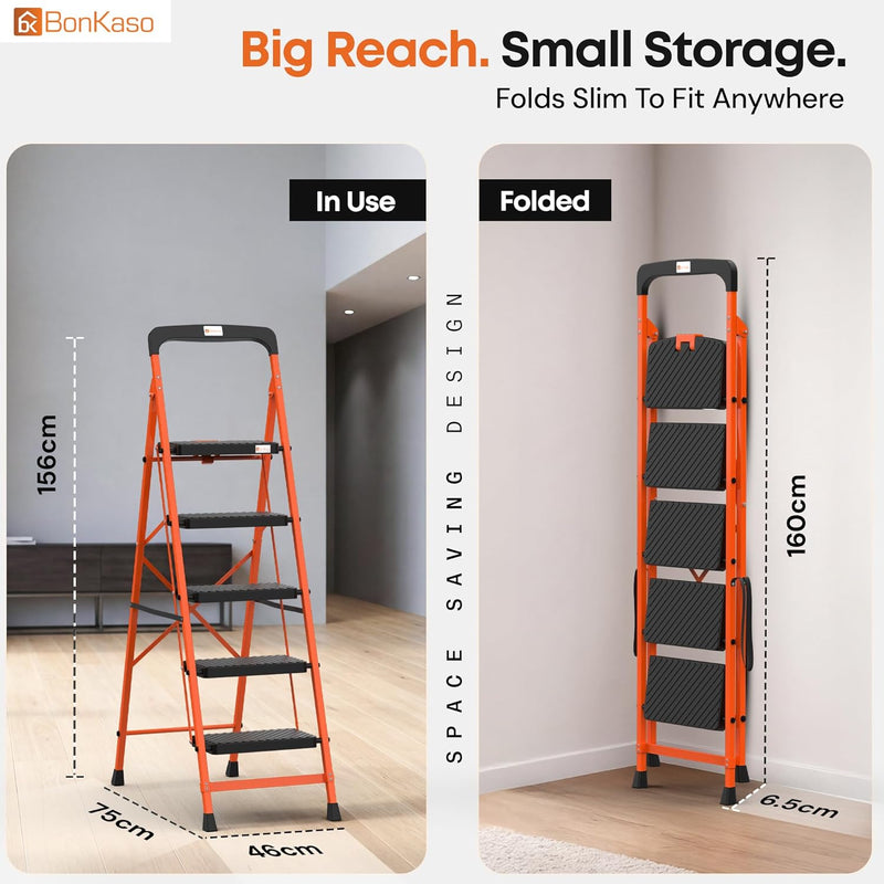 BonKaso Climb Easy 5 Step Heavy Duty Steel Folding Climbing Ladder for Home, Home & Office – with Safety Lock, Anti-Slip Wide Steps, Support Handle & Tool Tray (Orange & Black)