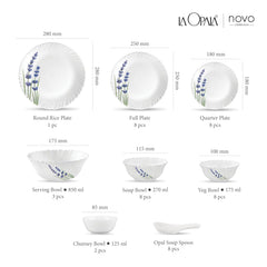 La Opala Novo Collection Opal Glass Crockery | for Family of 8 | Dinner Set 46 pcs English Lavender | Plates & Bowls for Dining | Microwave Safe | 100% Vegetarian | Extra Strong | Light & White