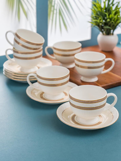 Clay Craft Fine Ceramic Gold Impression Cup & Saucer Set - 6 Cups + 6 Saucers -180 ml Each - Snow Impression 1404