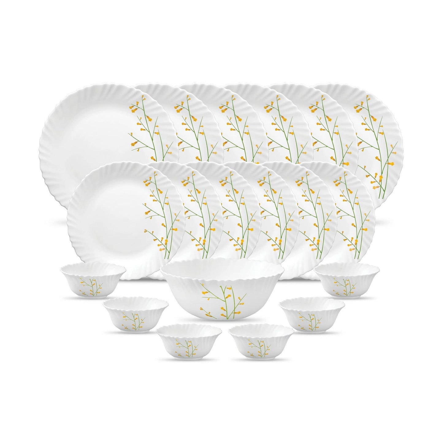 La Opala Diva Classique Collection Opal Glass Crockery | for Family of 6 | Dinner Set 19 pcs Aster Blue | Plates & Bowls for Dining | Microwave Safe | 100% Vegetarian | Extra Strong | White
