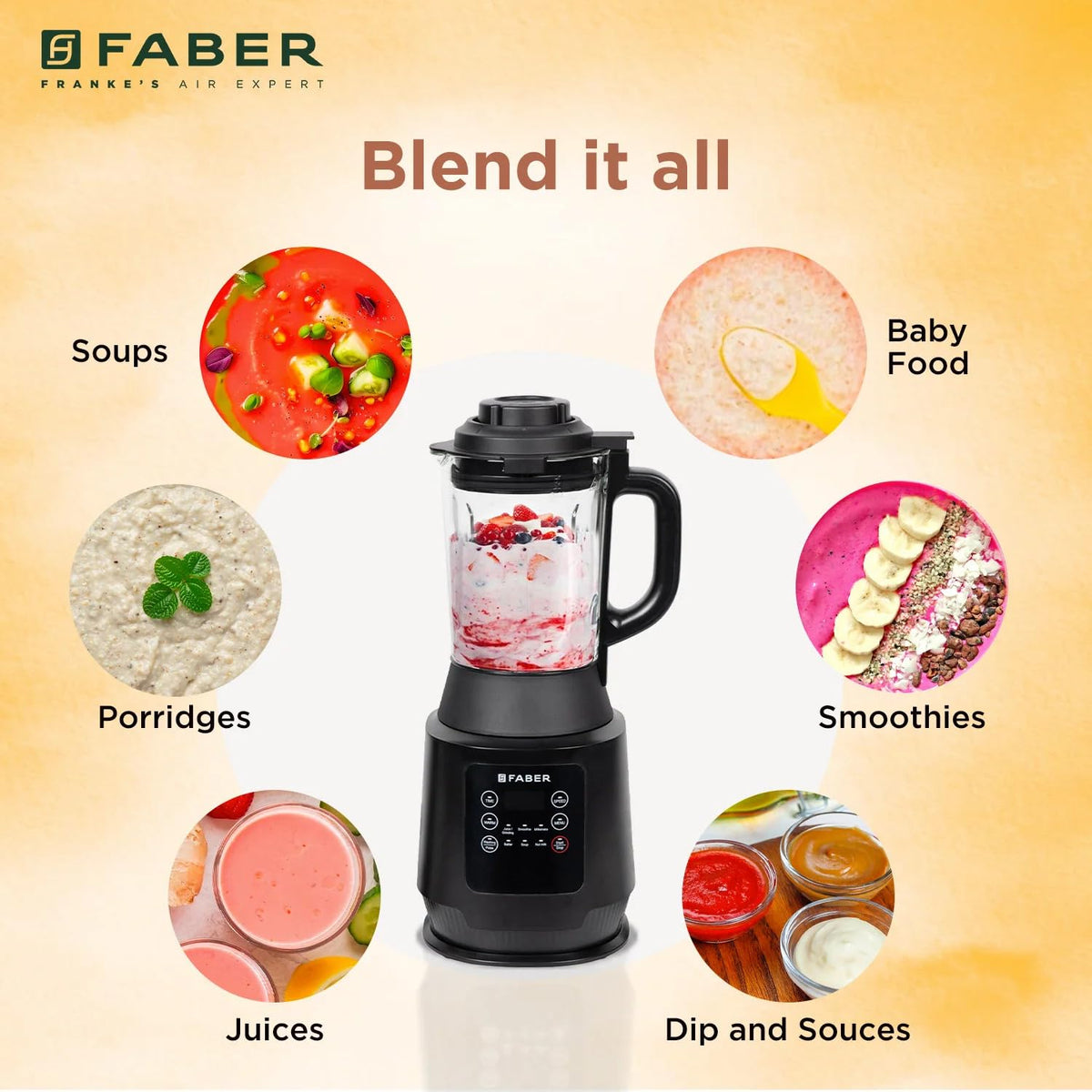 Faber 1800W Digital Power Blender Mixer Grinder |6 Auto Cook Menu|Hot Soup Maker|850W Built-in Heater|Nut Milk|Dry Grind