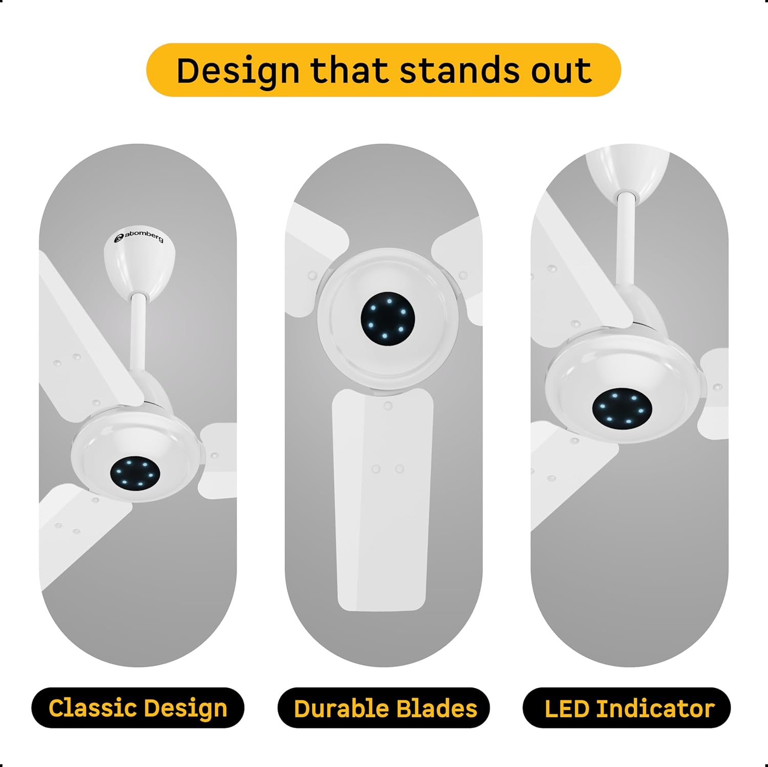 atomberg Ikano 600mm BLDC Ceiling Fan with Remote | BEE 5 star | High Air Delivery | LED Speed Indicator | Low Noise | Timeless Design with Power Saving | 3 Year Warranty| Gloss White