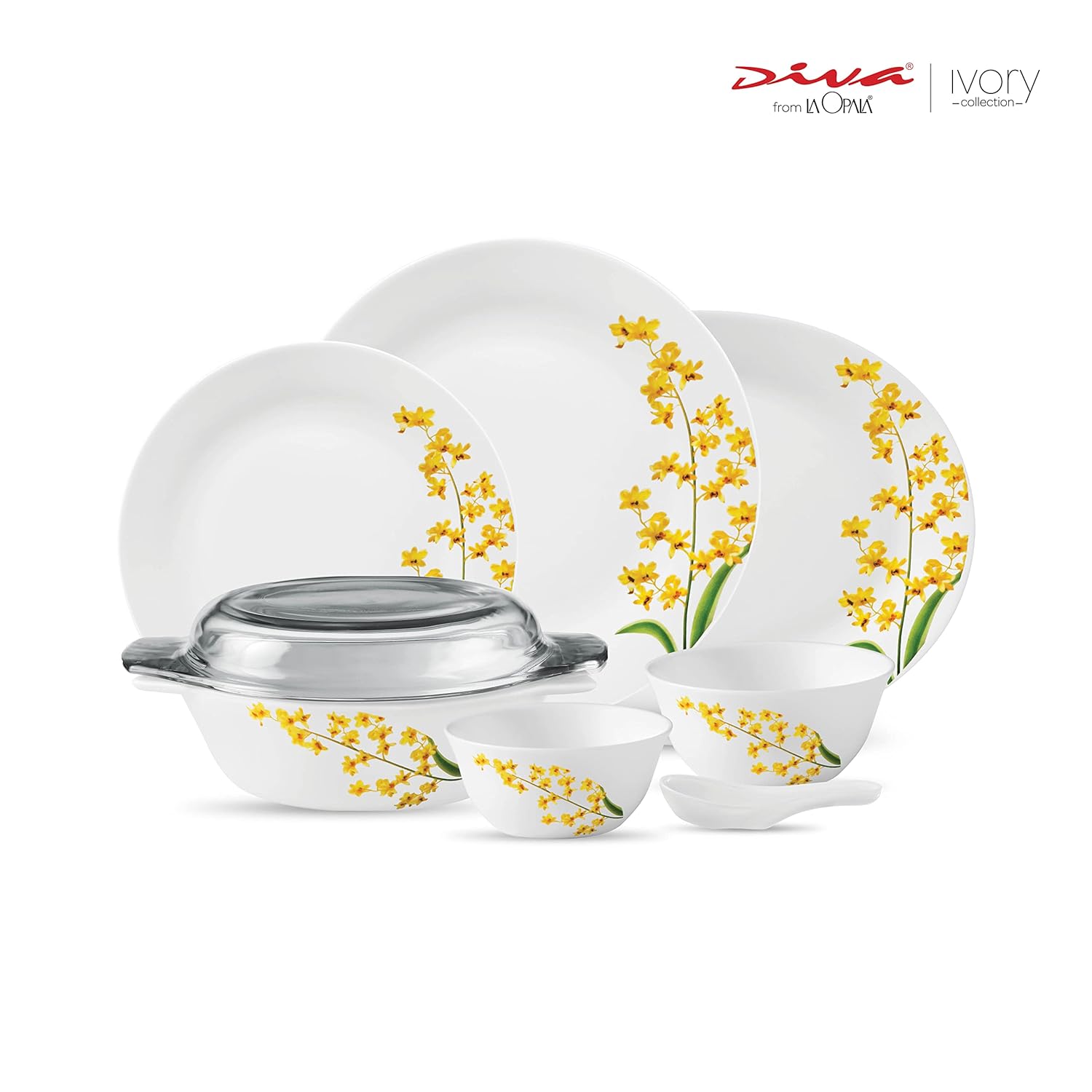 La Opala Diva, Ivory Collection, Opal Glass Dinner Set 35 pcs, Yellow Grace, White