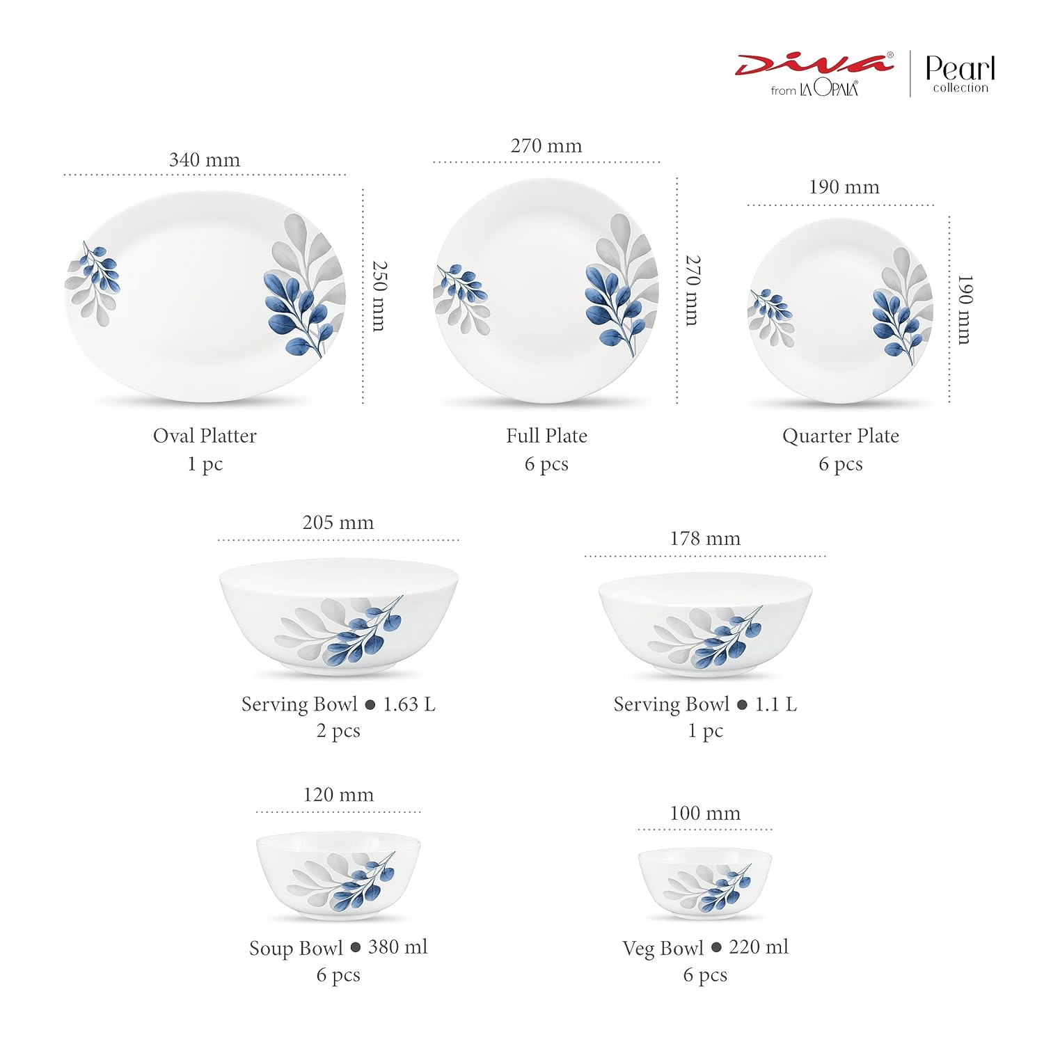 Diva by La Opala, Pearl Collection, Opal Glass Dinner Set 28 pcs, Indigo Bliss, White