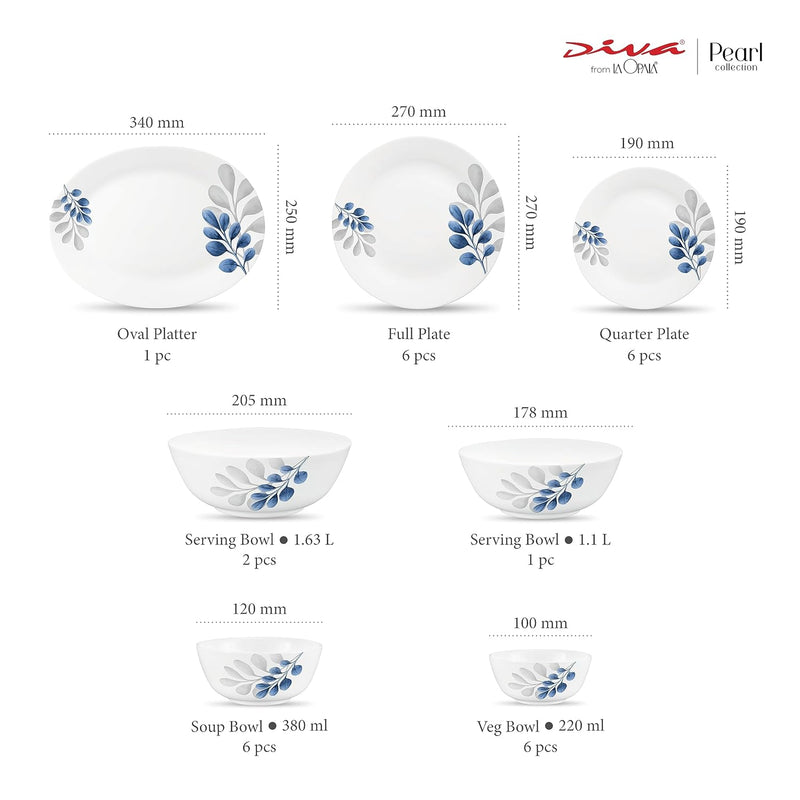 Diva by La Opala, Pearl Collection, Opal Glass Dinner Set 28 pcs, Indigo Bliss, White
