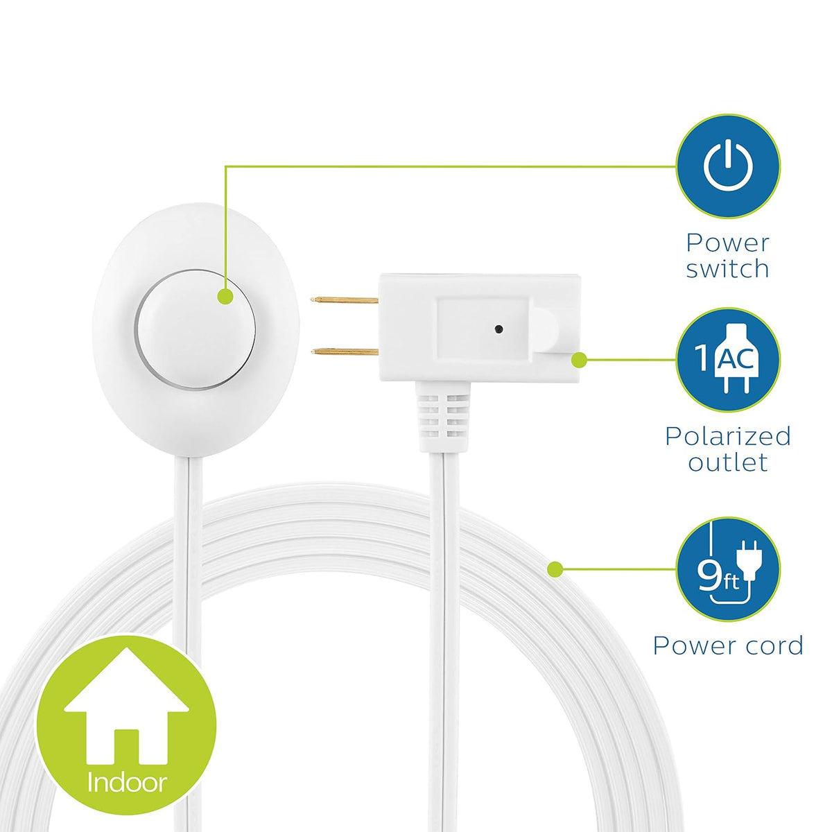 Philips Accessories, White, Philips Plug Foot Switch, 9 Ft Long Cable, One Polarized Outlet, On/Off Switch (SPS1036WF/37)