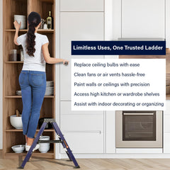 BonKaso 3 Step Aluminium Ladder | Folding Step Stool for Home, Kitchen, Office & Library | Lightweight Anti-Slip Wide Pedal 120 Load Capacity Step Stool (88h x 46w CMs) Blue