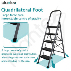 Plantex GI Steel 5-Steps Ladder for Home/Easy to fold/Anti-Skid Wide Steps Ladder - (Aura, Black & Grey)