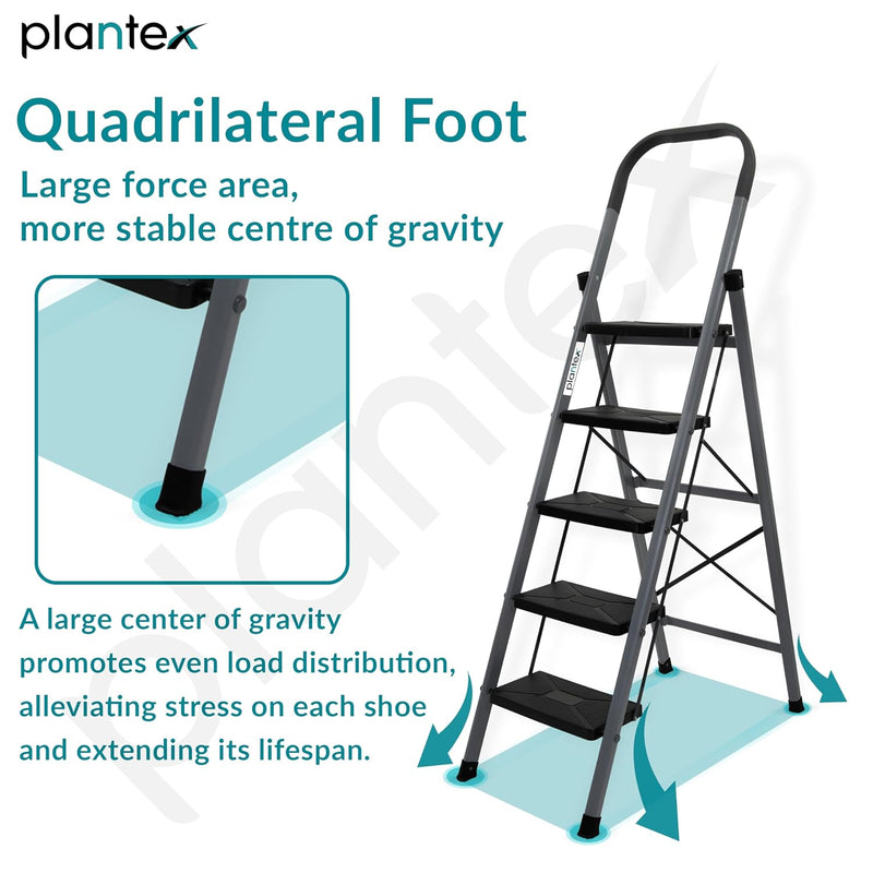 Plantex GI Steel 5-Steps Ladder for Home/Easy to fold/Anti-Skid Wide Steps Ladder - (Aura, Black & Grey)