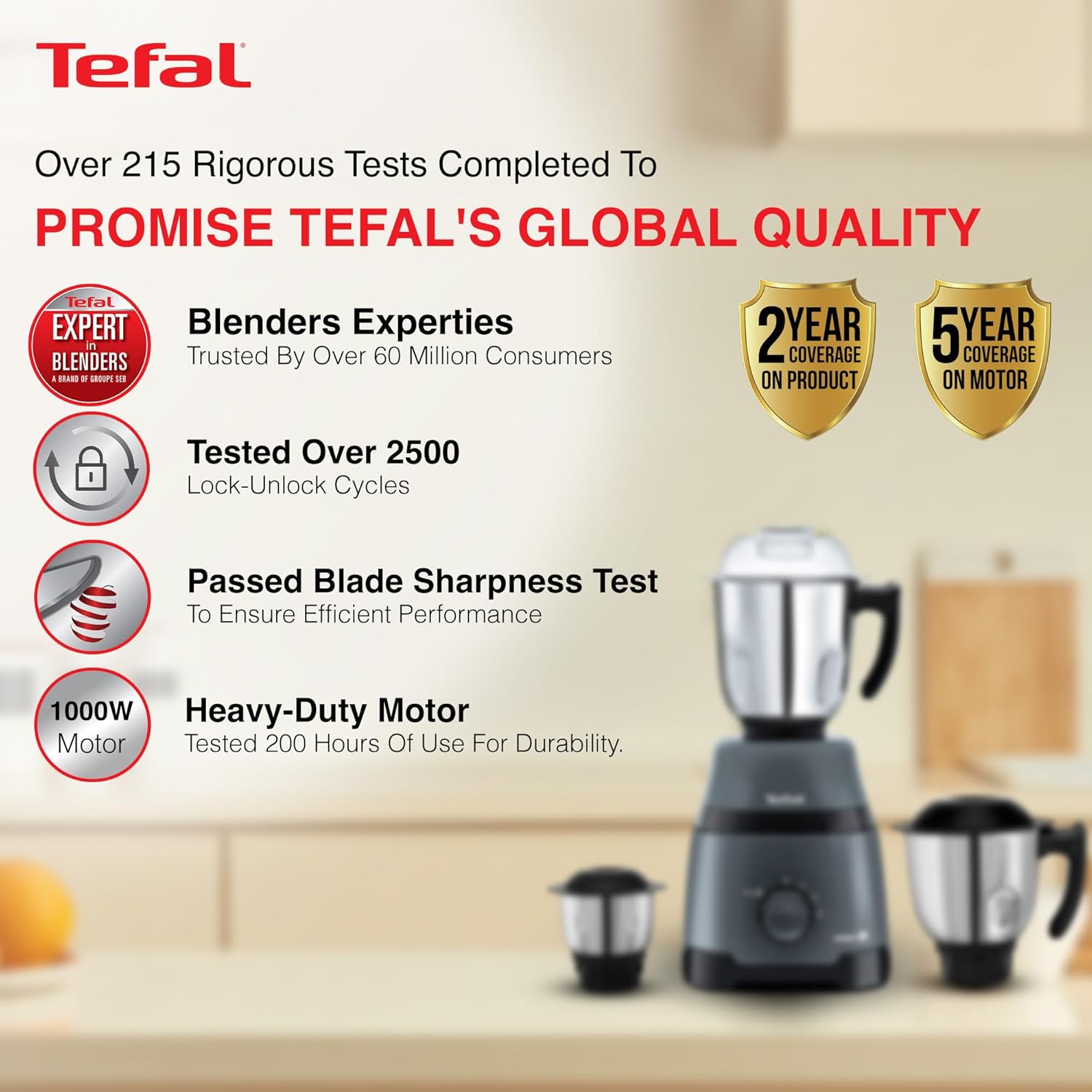 Tefal Grindmax HD 1000W Copper Motor with Durable Ball Bearing Mixer Grinder with 3 Leak-Proof Heavy Duty Jars, High-Speed 20,000 RPM Motor, Europe’s No.1 Brand, Best Mixer Grinder for Indian Cooking