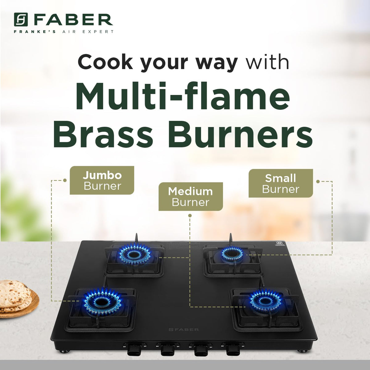Faber 4 Burner 63Cm Cooktop |Auto Ignition| |Metal Knobs| MS Diamond Coated Pan Support | Matt Black Glass Finish |5 Yrs