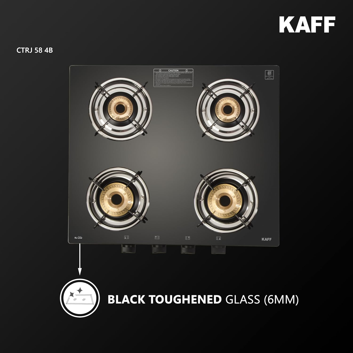 KAFF Cooktop | 4 Burners with Slim Line Design 58 CM | 1 Jumbo burner | High Efficiency Brass Burners, Black Tempered Glass | Matt Enamelled Pan Support | Black | CTRJ58-4B
