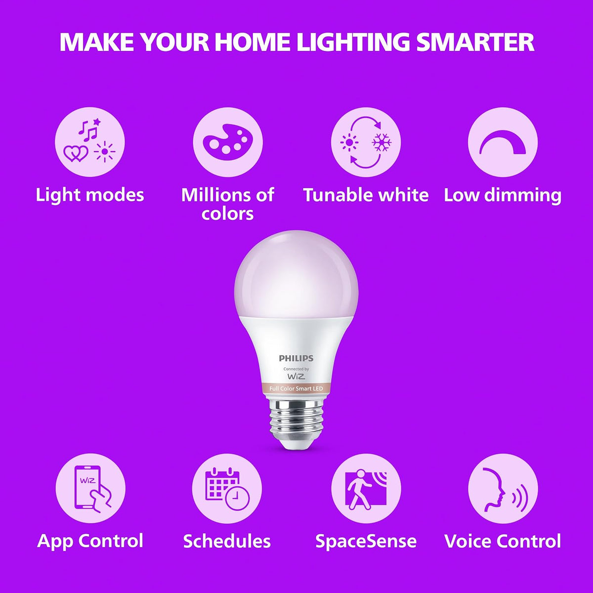 Philips Wiz connected 2 Pack A19 LED Wi-Fi Smart Bulb FULL COLOR 800 Lumens Dimmable 60w equivalent (Pack of 2)