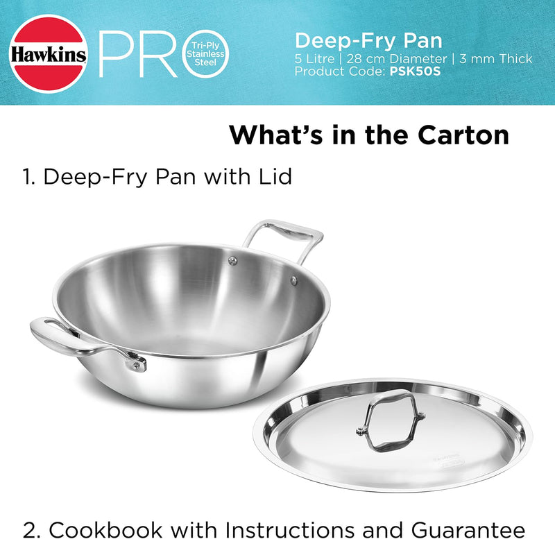 Hawkins Pro 5 Litre Deep-Fry Pan, Triply Stainless Steel Kadhai with Stainless Steel Handles and Stainless Steel Lid, Silver (PSK50S)