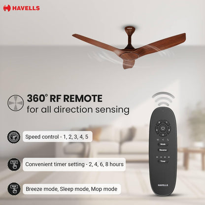 Havells Stealth Air BLDC Wood 1200mm Premium Ceiling Fan with 100% Pure Copper|5 Star Rating|Remote Controlled |Watt: 40|Air Flow: 245 cmm|Speed: 280 RPM|Free Installation |2 Year Warranty (Walnut)