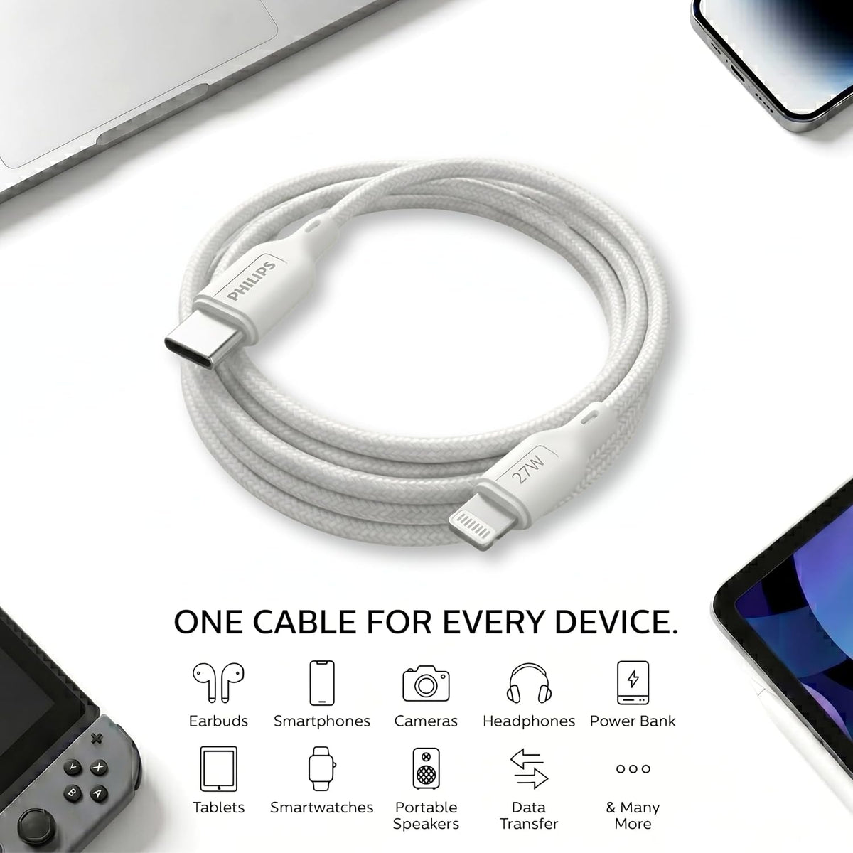 Philips DLC4130LW/94 27W iPhone Original Type-C to Lightning Fast Charging Cable (1m, Bright White)