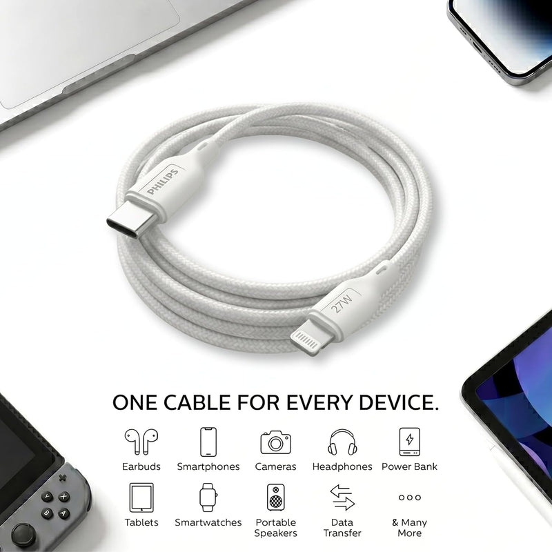 Philips DLC4150LW/94 27W iPhone Original Type-C to Lightning Fast Charging Cable (1.5m, Bright White)