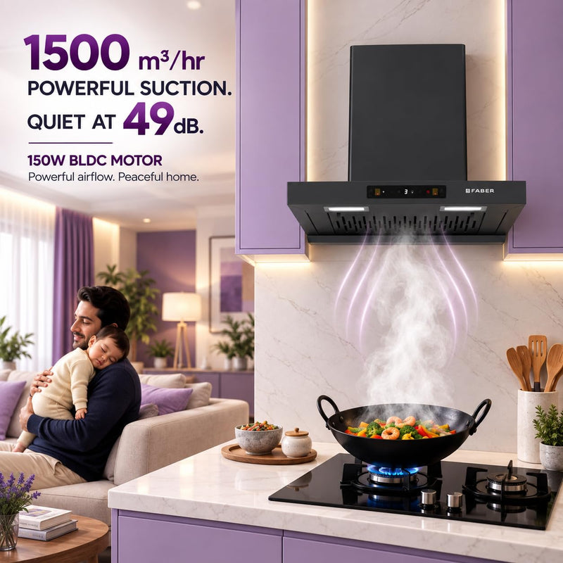 Faber Atom 60cm 1500m³/hr BLDC Autoclean Filterless T-Shape Chimney|Built In Oil Collector|Touch & Gesture Control|8Yr M
