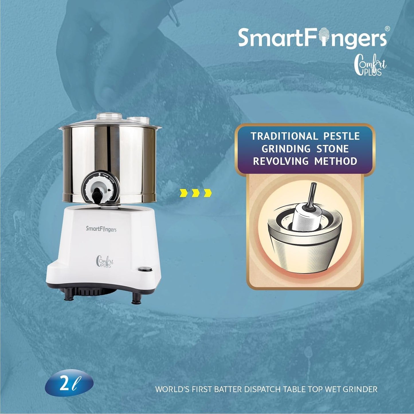 SmartFingers Comfort Plus Table Top Magic Wet Grinder 230V 50hz, 2 Liter, White, 2 Stone