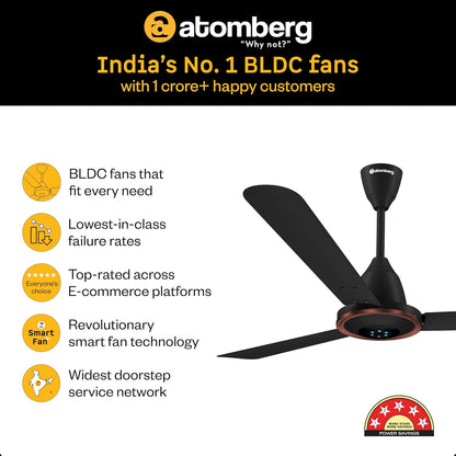 atomberg Erica Artesta 1200mm India's No.1 BLDC Ceiling Fan with Remote | BEE 5-star | Best Air Delivery | Low noise | LED Speed Indicator | 3 Years Warranty| Midnight Black