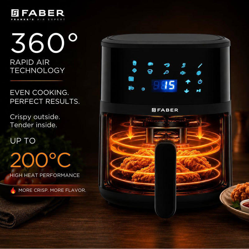 Faber 4L 1350W Digital Air Fryer | Fry, Bake, Roast | 85% Less Oil, 200°C Swirl Heating Technology |10-Preset Menu|Touch