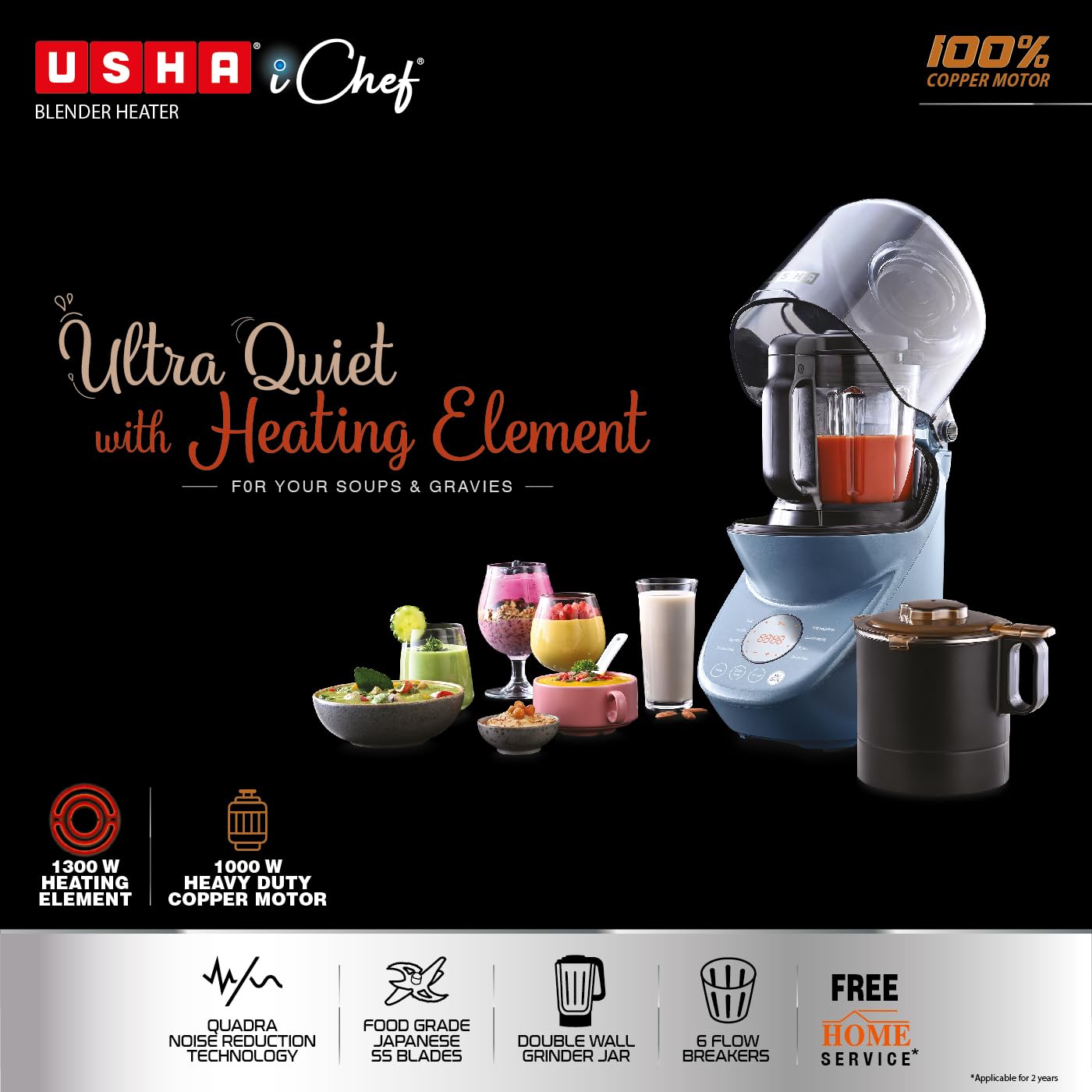 USHA Abs iChef Blender Heater|1000 W|Quadra Noise Reduction Technology For Super Silent Operation|6 Functions: Soup making, Blending, Grain & Nut milk, Pureeing, Dry Grinding and Wet grinding (Blue)