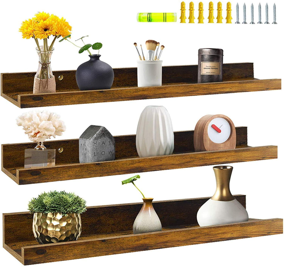 Sheesham Wood Wall Mounted Rustic Large Picture Ledge Floating Wall Shelf - (Set of 3) (36 INCHES)