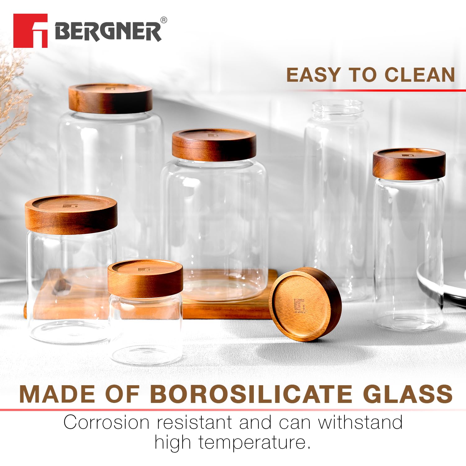 Bergner Acadia Borosilicate Glass Jars with Solid Wood Lid, Set of 2 Jars, 120ml Each, For Storing and Preserving Sugar, Flour, Tea, Coffee, Spices, Biscuits, Oats | Multipurpose Container for Kitchen