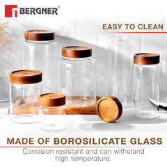 Bergner Acadia Borosilicate Glass Jars with Solid Wood Lid, Set of 2 Jars, 120ml Each, For Storing and Preserving Sugar, Flour, Tea, Coffee, Spices, Biscuits, Oats | Multipurpose Container for Kitchen