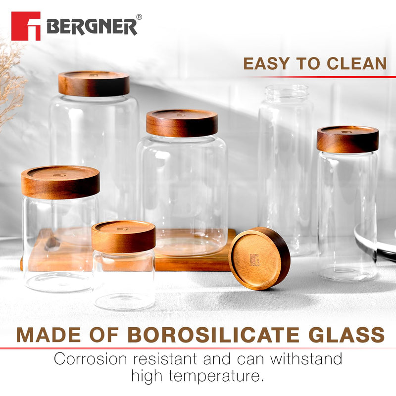 Bergner Acadia Borosilicate Glass Jars with Solid Wood Lid, Set of 2 Jars, 120ml Each, For Storing and Preserving Sugar, Flour, Tea, Coffee, Spices, Biscuits, Oats | Multipurpose Container for Kitchen