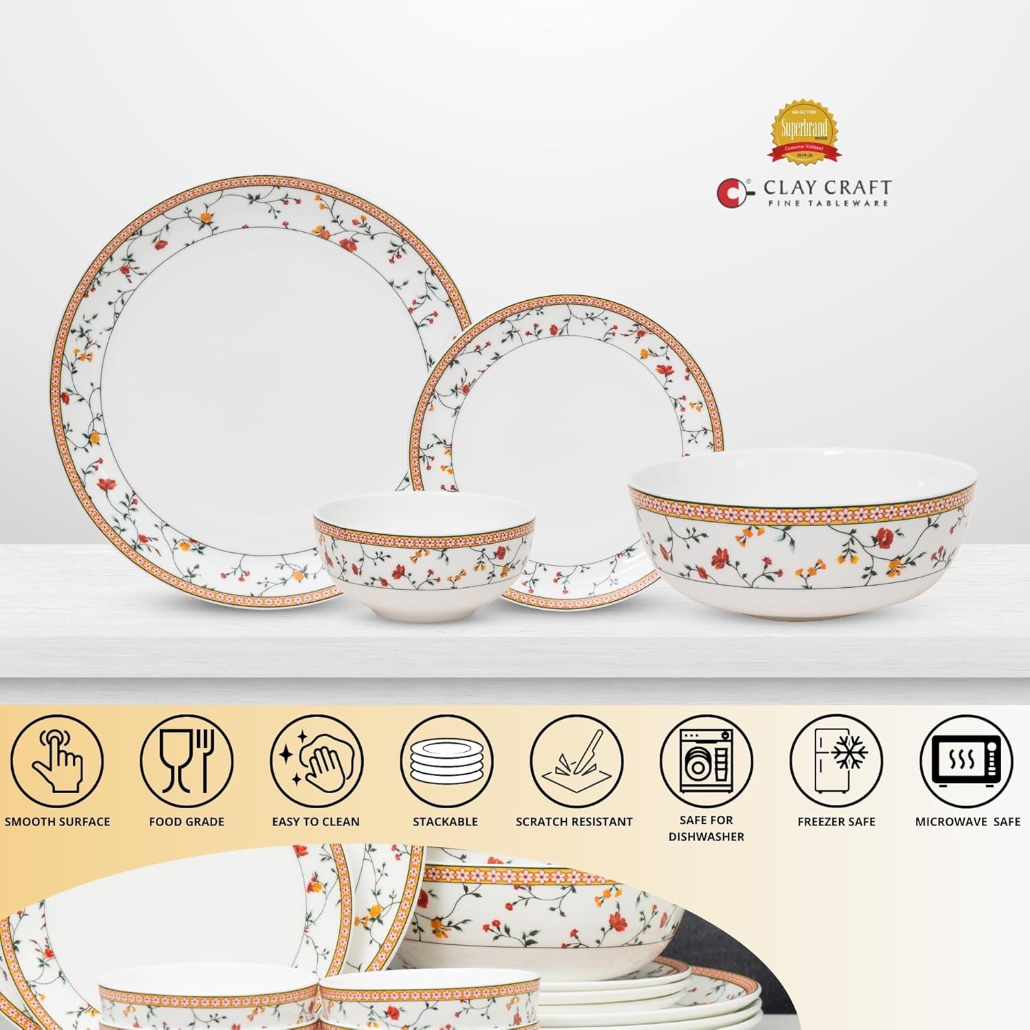 Clay Craft Fine Ceramic Eco Dinner Set, Enchanting Gold, for Family of 4, Dinner Set Ceramic, Crockery Set, Dining Set for Dinner, Crockery Set for Gift, Kitchen Set (ECO1, 14 Pieces)