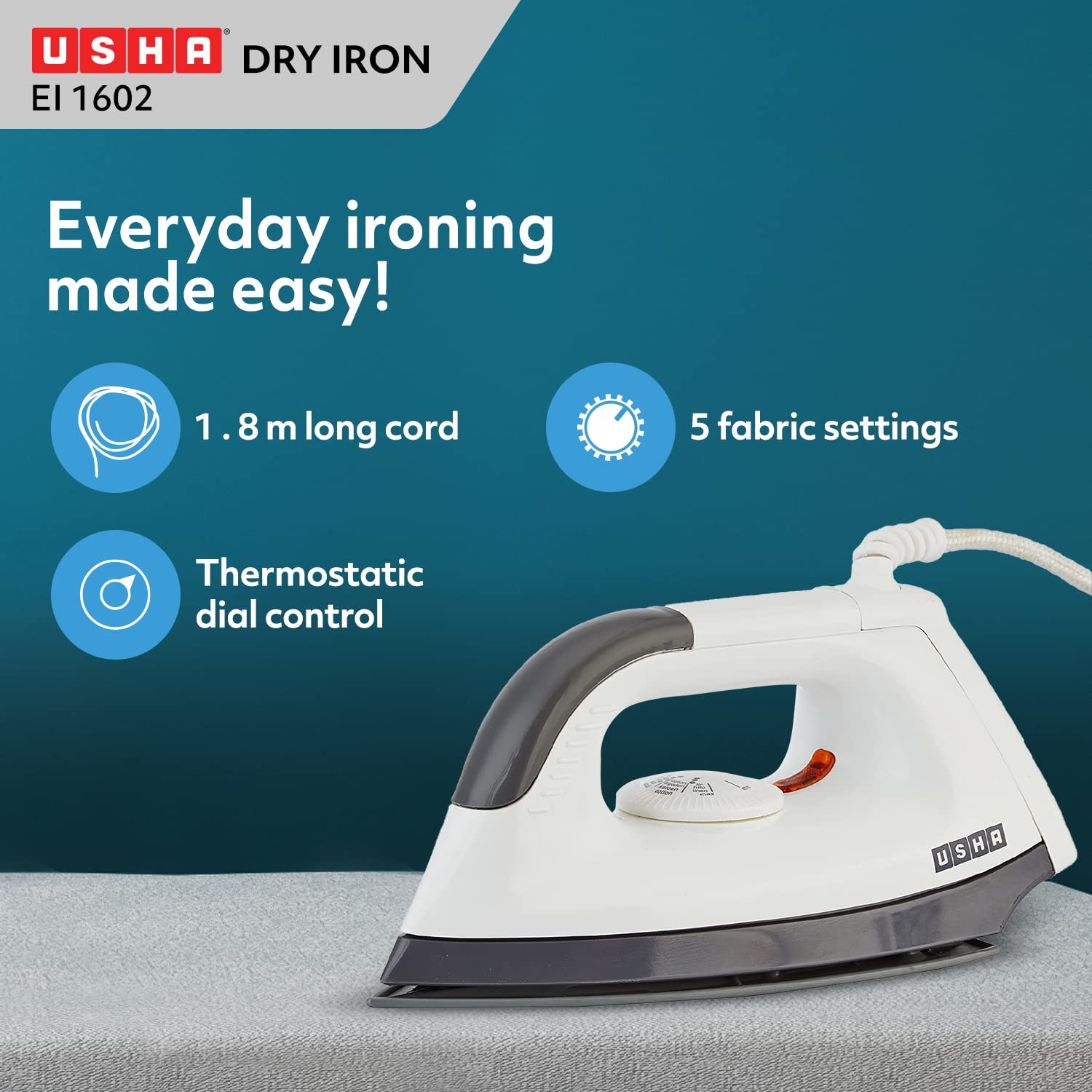 USHA EI 1602 1000 W Lightweight Dry Iron with Non-Stick Soleplate (Multi-colour) (Pack of 2)