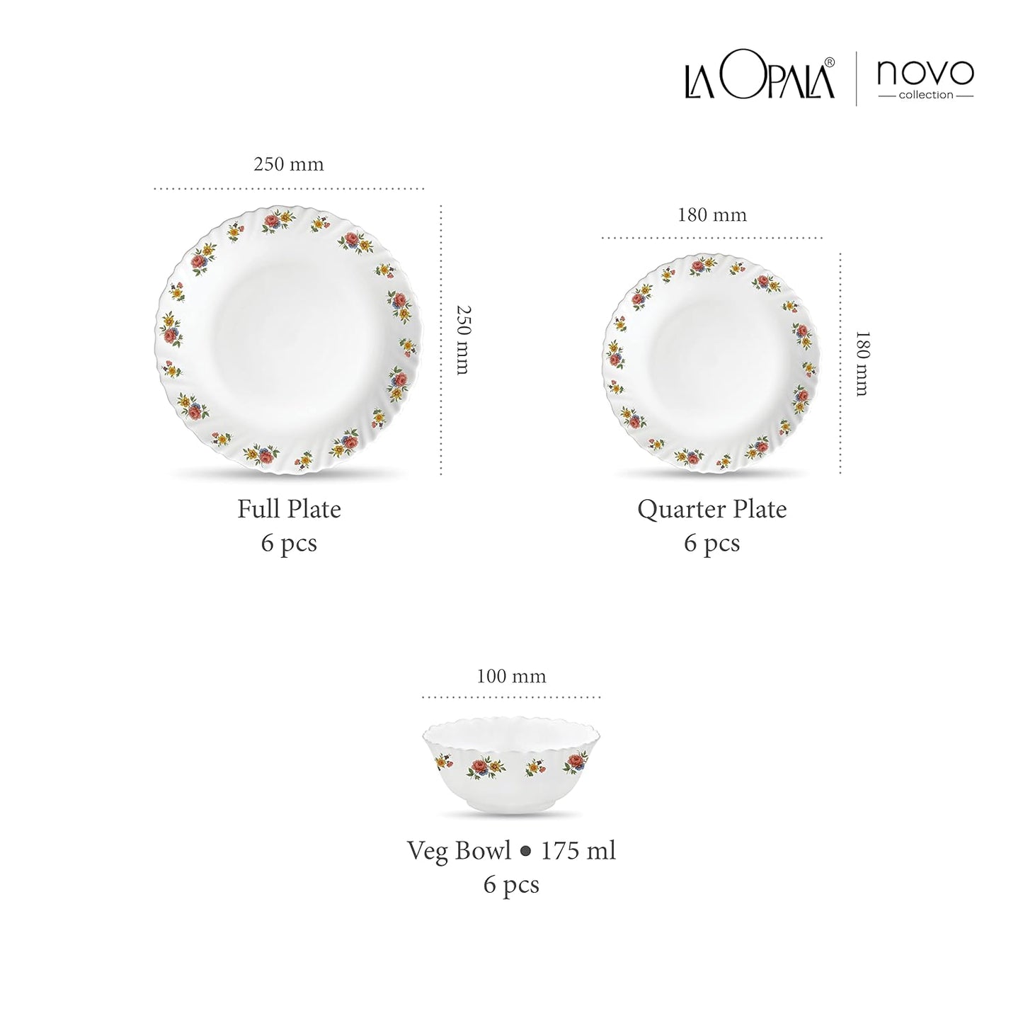 La Opala Novo Collection Opal Glass Crockery | for Family of 6 | Dinner Set 18 pcs Petite Roses | Plates & Bowls for Dining | Microwave Safe | 100% Vegetarian | Extra Strong | Light & White