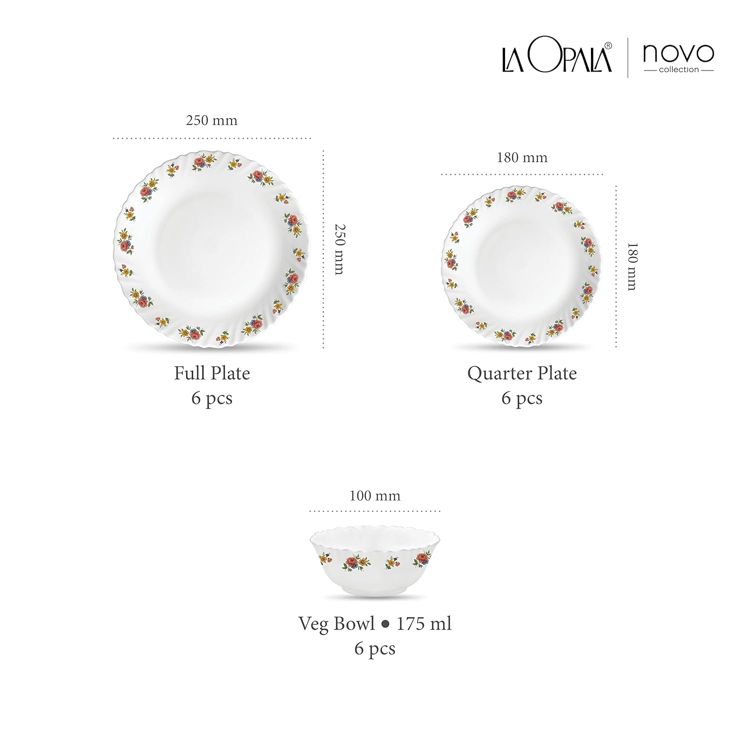 La Opala Novo Collection Opal Glass Crockery | for Family of 6 | Dinner Set 18 pcs Petite Roses | Plates & Bowls for Dining | Microwave Safe | 100% Vegetarian | Extra Strong | Light & White