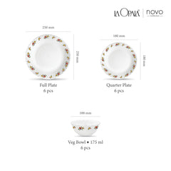 La Opala Novo Collection Opal Glass Crockery | for Family of 6 | Dinner Set 18 pcs Petite Roses | Plates & Bowls for Dining | Microwave Safe | 100% Vegetarian | Extra Strong | Light & White