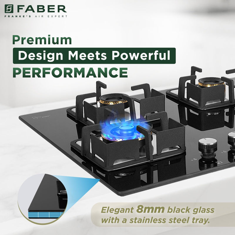 Faber 4 Burner HCT 65 cm Hob| Brass Burners| Bakelite Knobs| Cast Iron Pan Support | Hob/Cooktop Hybrid Toughened Glass 