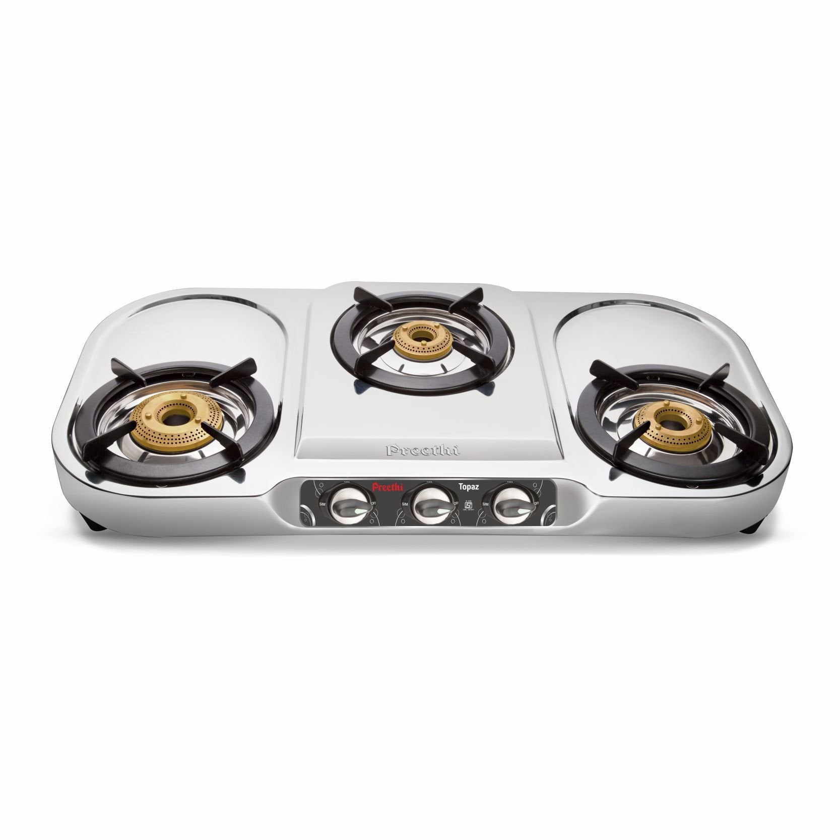 Preethi Stylo Steel 3 Burner Gas Stove |Curved & Sleek design| Heavy Brass Burner| Ant Guard Jet | Removable Drip Tray