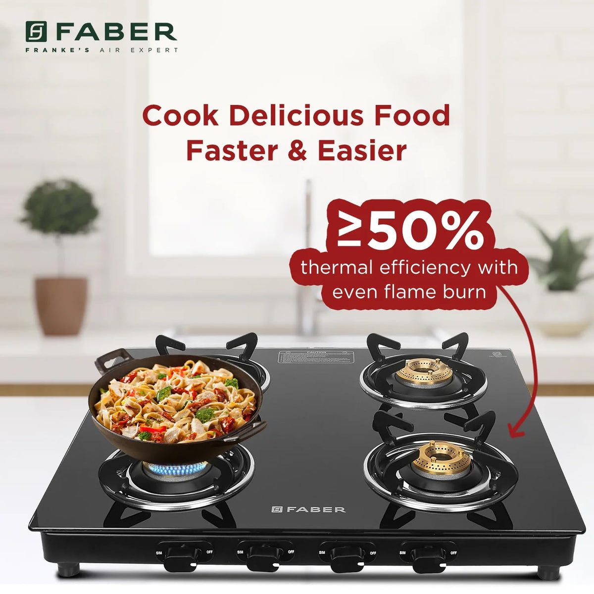 Faber 4 Burner Daisy Pro Cooktop | Free Hose Pipe & Piezo Lighter | Black Glass Top | Powder Coated Pan Support | Manual