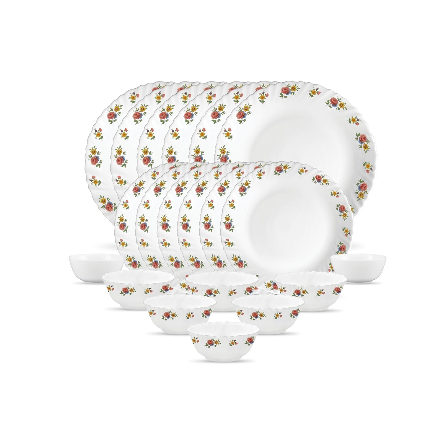 La Opala Novo Collection Opal Glass Crockery | for Family of 6 | Dinner Set 20 pcs Petite Roses | Plates & Bowls for Dining | Microwave Safe | 100% Vegetarian | Extra Strong | Light & White