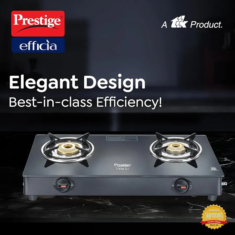 Prestige Efficia LP Open Gas Stove with Powder-Coated Body, Glass Top & 2 Brass Burners