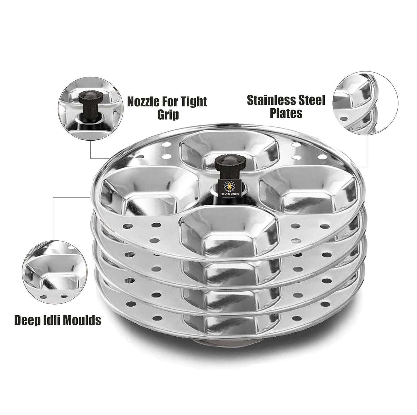 Eleven Rings 4 Plates Stainless Steel Square Idli Stand/Idli Maker Makes 16 Square Idlis at Once. (4 Plate Square Idli)