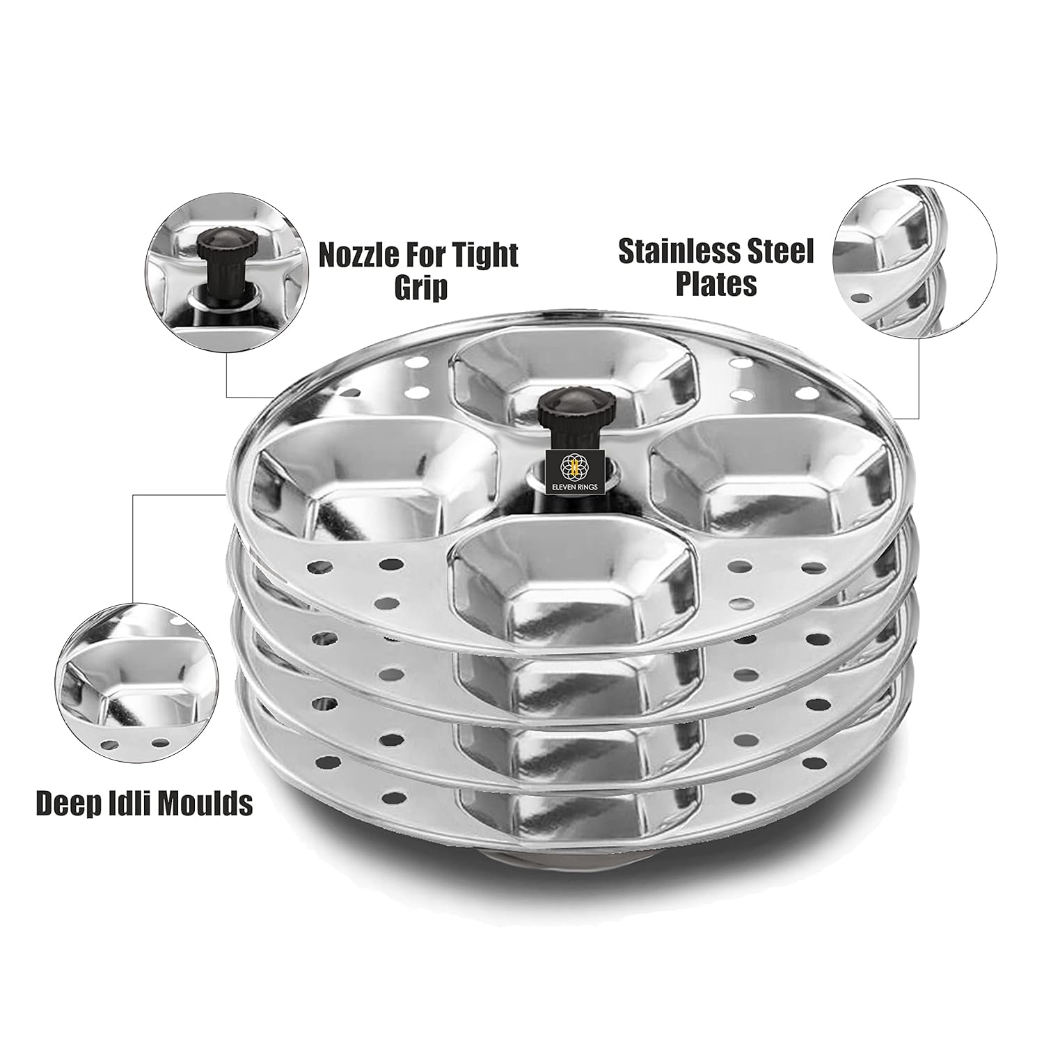Eleven Rings 4 Plates Stainless Steel Square Idli Stand/Idli Maker Makes 16 Square Idlis at Once. (4 Plate Square Idli)