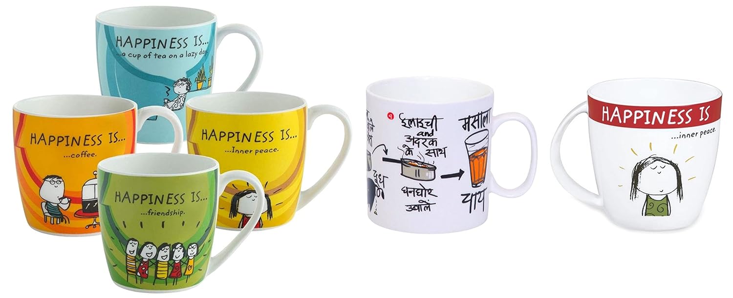 Clay Craft Ceramic Coffee Mugs - Set of 4, 220ml Masala Chai, Coffee/Milk Mug, 390ml/8.4cm Happiness is, Inner Peace Bone China Milk Mug, 270ml/5.6cm, Multicolour