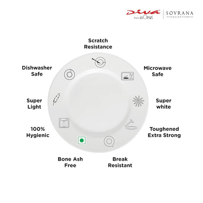 La Opala Diva Sovrana Collection Opal Glass Crockery | For Family of 6 | Dinner Set 33 pcs Anassa Blue | Plates & Bowls for Dining | Microwave Safe | 100% Vegetarian | Extra Strong | Light & White